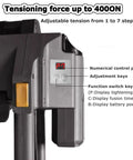 Powerhouse Handheld Electric Strapping Machine Pp Pet Straps Battery Powered Tensioner Cutter Sealer No Buckle Hassle with digital control panel.