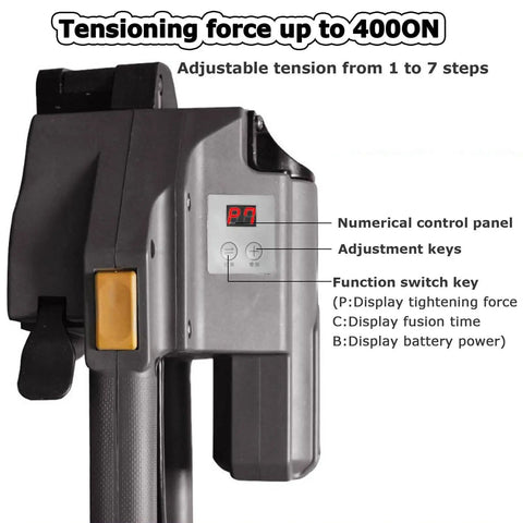 Close-up of Badass Rechargeable Electric Strapping Machine With Automatic Hot Melt Welder control panel and tension adjustment features.