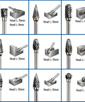 Double Cut Carbide Burr Set Ten Pieces With One Eighth Inch Shanks showcasing various burr head shapes and sizes