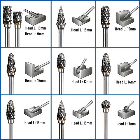 Double Cut Carbide Burr Set Ten Pieces With One Eighth Inch Shanks showcasing various burr head shapes and sizes