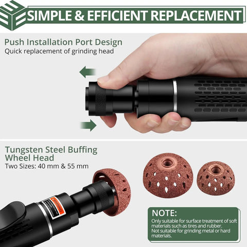 Close-up of Shop Ready Heavy Duty Air Tire Buffer Kit showing push installation port and tungsten steel buffing wheel heads.
