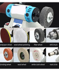 Heavy Duty Desktop Belt Sander and Table Grinder for Wood Metal Jade Polishing with Badass Copper Motor and Smooth Variable Speed for Your Weekend Shop Projects showing various wheels and attachments.