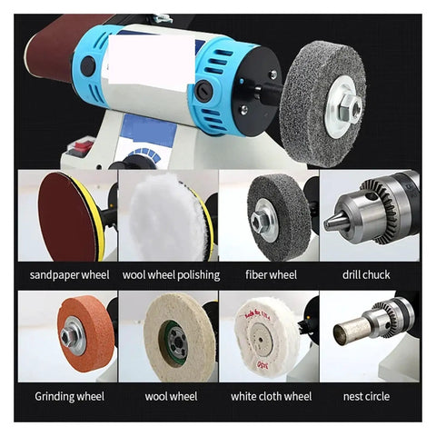 Heavy Duty Desktop Belt Sander and Table Grinder for Wood Metal Jade Polishing with Badass Copper Motor and Smooth Variable Speed for Your Weekend Shop Projects showing various wheels and attachments.
