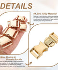 Two Pack Metal Quick Side Release Buckles One And A Half Inch Zinc Alloy Adjustable Replacement Snaps Clips Clasps For Backpack Straps Fanny Pack Dog Collars Light Gold Durable Rugged, shown with details of zinc alloy material and male-female buckle mechanism.
