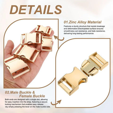 Two Pack Metal Quick Side Release Buckles One And A Half Inch Zinc Alloy Adjustable Replacement Snaps Clips Clasps For Backpack Straps Fanny Pack Dog Collars Light Gold Durable Rugged, shown with details of zinc alloy material and male-female buckle mechanism.