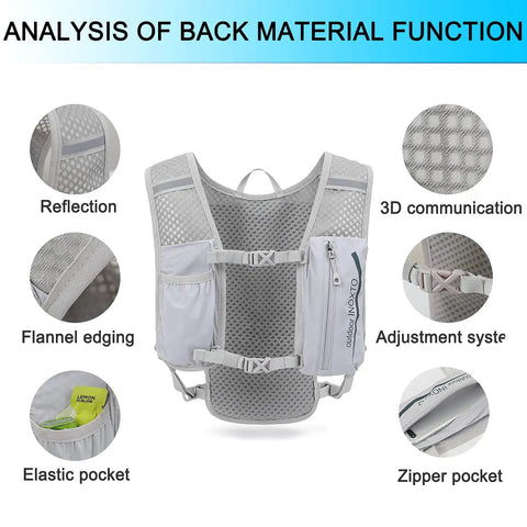 Lightweight Hydration Vest Backpack With 1.5L Insulated Water Bladder, focusing on back panel material features and pockets
