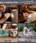 Amazon blue mini cordless engraving pen with USB LED light; shown engraving ceramic vase, stone, soap, and glass.