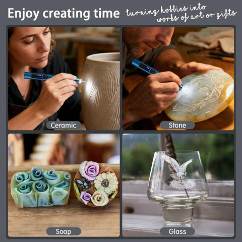 Amazon blue mini cordless engraving pen with USB LED light; shown engraving ceramic vase, stone, soap, and glass.