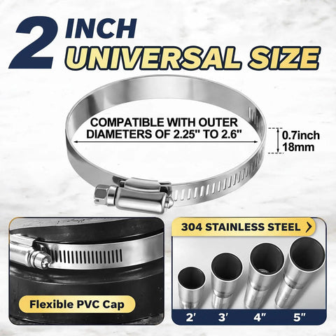 Six Pack 2 Inch Stainless Steel Worm Gear Hose Clamps For PVC Pipe Caps Fits 2.25 To 2.6 Inches Rustproof Reusable Repair Parts