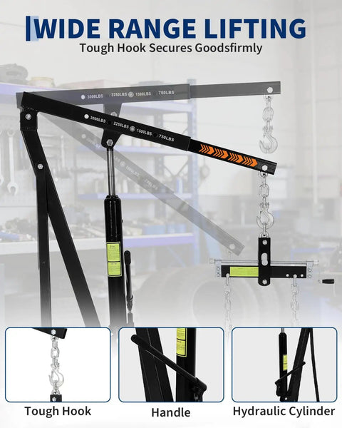 Shop Grade Hydraulic Engine Hoist Cherry Picker Crane With Rock Solid 3000 Lbs Lifting Capacity To Effortlessly Swap Motors And Haul Heavy Auto Parts In Black Finish showing tough hook, handle, and hydraulic cylinder.