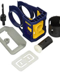 Door Lock Installation Kit For Wooden Doors With Self Centering Jig Adjustable Backset Two And Three Eighths Or Two And Three Quarters Inches Includes Carbon Hole Saws For Wood Router Bit And Bolt Plate Templates Interior And Exterior Door Install components displayed