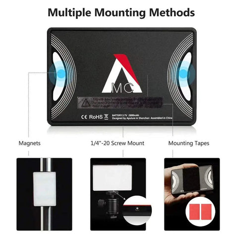 Amaran MC RGBWW Mini On Camera Light With 3200K To 6500K CCT CRI TLCI 96 HSI Color Control 360 Degree Hue shown with multiple mounts