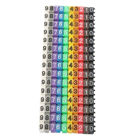 Colorful Clip On Wire Marker Tubes 0.1 x 0.1in Digital Number Cable Markers 150 Pcs arranged in a stack by color and number.