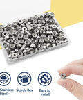 High-Quality 120 Pack Of 8-32 Inch Threaded 304 Stainless Steel Nylon Insert Lock Nuts in a clear plastic box with hand holding a nut
