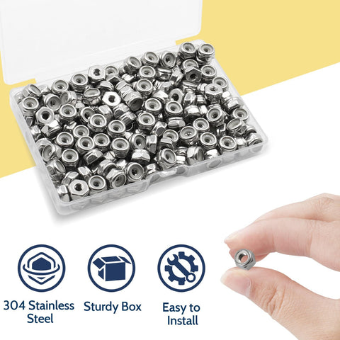 High-Quality 120 Pack Of 8-32 Inch Threaded 304 Stainless Steel Nylon Insert Lock Nuts in a clear plastic box with hand holding a nut