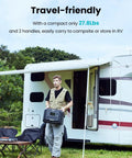 Person holding Mega 1 Solar Generator Kit With 240W Panel Included And 1024Wh LiFePO4 Power Station outside an RV