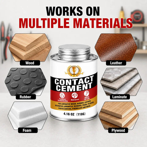 Heavy Duty Contact Cement Adhesive With Brush For Wood Leather Rubber And Laminate Repairs Tough As Nails Neoprene Glue 4.16 Oz on various materials.