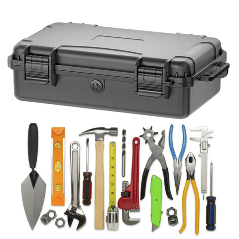 Gray Beefy ABS Tool Organizer Box With IP67 Waterproof Rating holding various tools, foam lined compartments visible, durable design