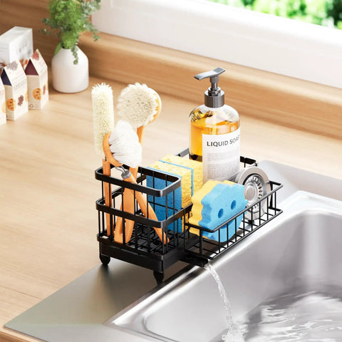 Auto Draining Sponge Holder For Kitchen Sink With Detachable Rack And High Brush Holder, 360 Degree Rotatable Spout Channels Water To Sink, Keeps Countertop Dry, No Soggy Sponges, Hygienic Caddy Organizer For Kitchen Storage, Black shown with brushes and sponges.