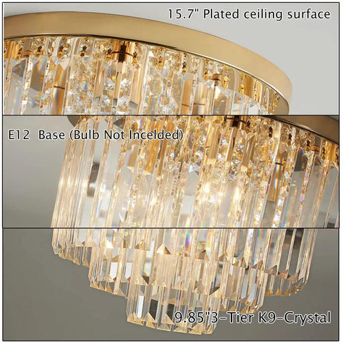 Lit French Gold Crystal Chandelier Ceiling Light 16 Inch Semi Flush Mount detail with three-tier K9 crystals