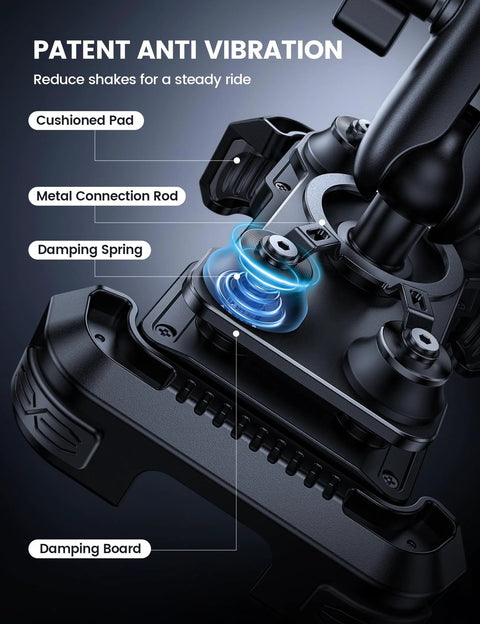 Close-up view of Rugged Motorcycle Phone Mount with dual vibration dampener and metal adjustment arm showing cushioning pad and spring.