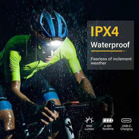 Cyclist using a Rechargeable LED Headlamp 2 Pack With Waterproof Design in rainy weather, showcasing hands-free use and IPX4 waterproof feature.