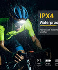 Cyclist wearing Rechargeable LED Headlamp With Motion Sensor Waterproof All Weather Outdoor Headlight in rain