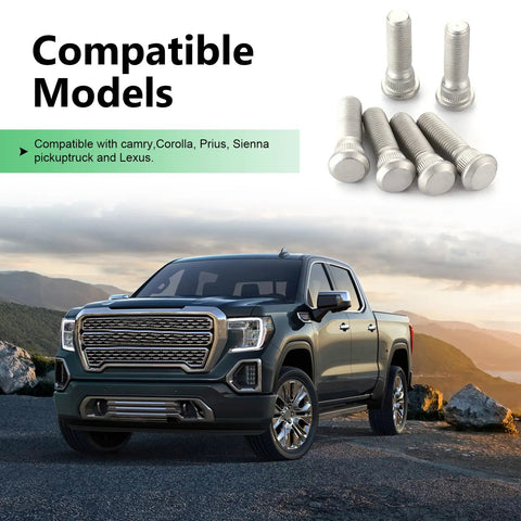 Heavy Duty Rock Solid Wheel Studs M12 By 1.5 Thread 49 Millimeter Long Steel Lug Bolts Rustproof OEM Replacement Auto Parts silver finish displayed with compatible vehicle.