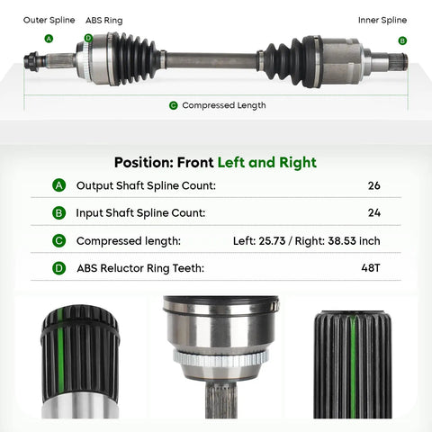 Two Front CV Axle Shafts For Toyota Camry 2.5L GAS 2012 2013 2016 2017 Left And Right Pair Replacement Drive Shaft With Durable Boots And High Torque Joints, front axle dimensions and splines shown