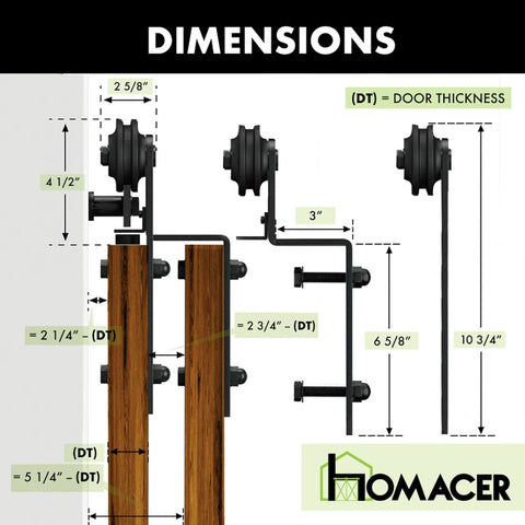 Dimensions of Black Rustic Single Track Bypass Sliding Barn Door Hardware Kit For Three Doors, 10ft Flat Track With Straight Rollers