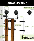 Black Rustic Single Track Bypass Sliding Barn Door Hardware Kit with dimensions for two doors, showing detailed measurements.