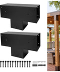 3-Way T-Shaped Pergola Brackets Kit For 6 By 6 Inch Lumber Beefy Heavy Duty Galvanized Steel With Matte Black Finish DIY Woodwork Brackets For Patio Gazebos Log Cabins Outdoor Hardware Set 2 Pack displayed with installation hardware and pergola post example.