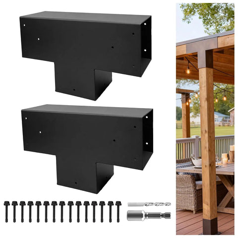 3-Way T-Shaped Pergola Brackets Kit For 6 By 6 Inch Lumber Beefy Heavy Duty Galvanized Steel With Matte Black Finish DIY Woodwork Brackets For Patio Gazebos Log Cabins Outdoor Hardware Set 2 Pack displayed with installation hardware and pergola post example.