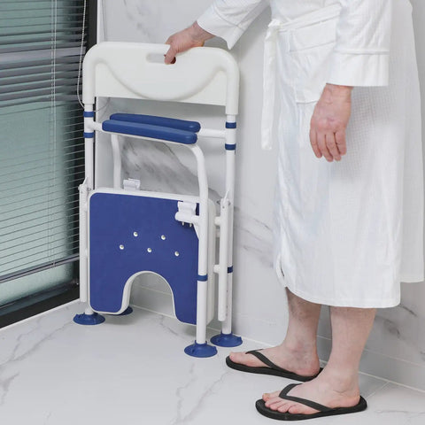 Person folding Bariatric Shower Chair Heavy Duty Foldable Bath Bench with extra wide seat and private washing cutout