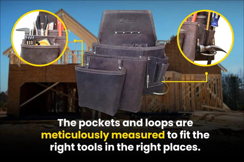 Top Grain Leather Construction Tool Pouch Dominant Right Side With 9 Pockets And A 3 Inch Belt Slit Pro Grade Built