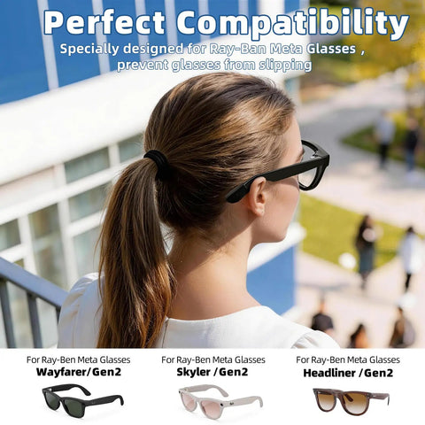 2 Pairs Eyeglass Ear Grips For Meta Smart Glasses Wayfarer Skyler Headliner Gen 2 shown on a person outside wearing sunglasses