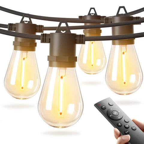 Close-up of 36Ft LED Outdoor String Lights With 12 Edison Vintage Shatterproof Bulbs and remote, ideal for patio and garden use.