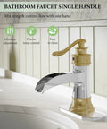 Waterfall Bathroom Faucet For 1 Or 3 Holes, Widespread Single Handle, Dope Gold And Chrome Finish on white sink with deck plate