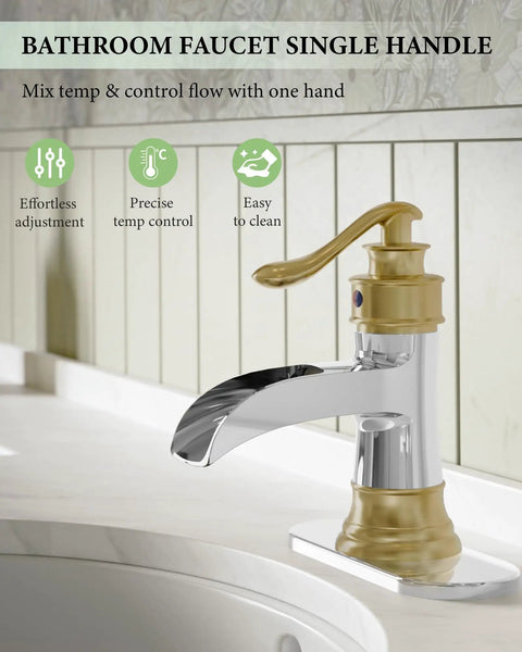 Waterfall Bathroom Faucet For 1 Or 3 Holes, Widespread Single Handle, Dope Gold And Chrome Finish on white sink with deck plate