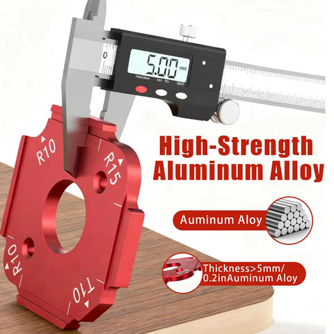 Hella Slick Router Corner Radius Jig Template Kit Solid Aluminum Alloy Guide R10 and R15 radius measuring 5mm thickness.