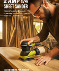 Top Shelf Corded Detail Sander With Rock Solid 2 Amp Motor and Super Smooth Orbit Design in use on wood surface.