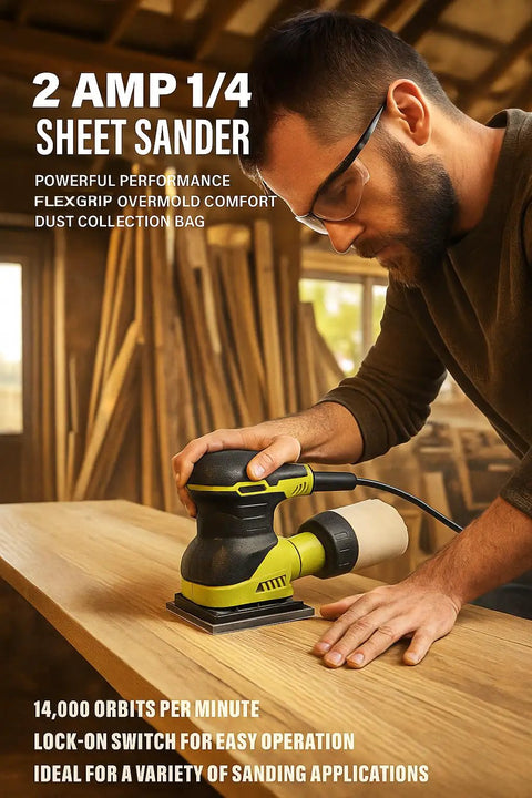 Top Shelf Corded Detail Sander With Rock Solid 2 Amp Motor and Super Smooth Orbit Design in use on wood surface.