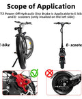 Installation guide for 2-Pin 2-Piston Hydraulic Disc Brake Kit For E-Bikes And MTB, showing application on e-bikes and e-scooters.