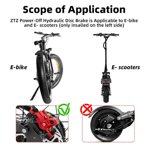 Installation guide for 2-Pin 2-Piston Hydraulic Disc Brake Kit For E-Bikes And MTB, showing application on e-bikes and e-scooters.