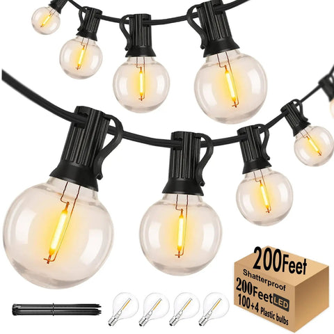 Outdoor String Lights 200 Feet Waterproof LED Edison G40 Bulbs Shatterproof 100 And 4 Spare Bulbs Two Pack for Patio Garden Backyard Gazebo Cafe Party Decor Weatherproof
