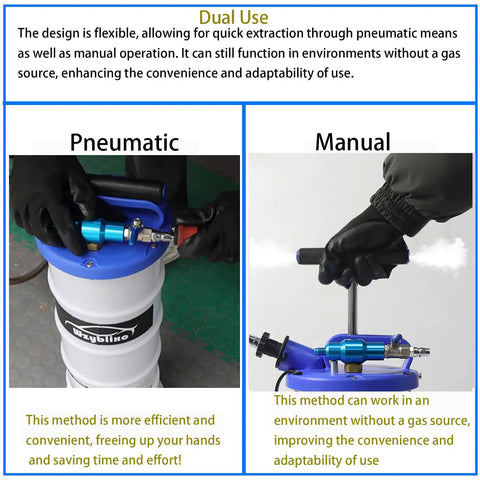 Pneumatic and manual oil extractor pump with 6.5 liter capacity showing dual operation for automotive fluid removal