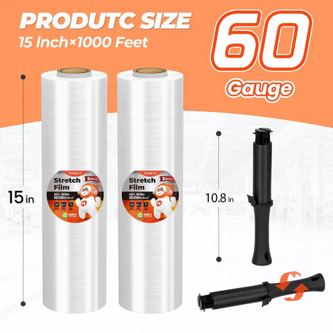 Beefy Heavy Duty Stretch Wrap With Handles 15 Inch X 1000 Feet 60 Gauge Film Roll Pallet Wrapping Industrial Strength Clear Plastic For Shipping And Moving 2 Pack shown with handles and dimensions.