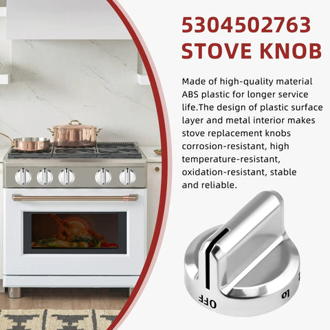 Frigidaire Gas Range Stove Knobs Replacement Kit showing universal ABS control knobs and copper stove setup