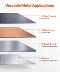 Different sheet metals for box and pan brake, including 18 gauge steel, copper, aluminum, and stainless steel with thickness details.