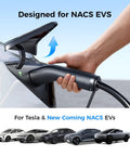 Badass Level 2 Tesla Charger With Nacs Link, 24 Amp Adjustable Power, plugs into a NACS EV with a hand grasping the charger.